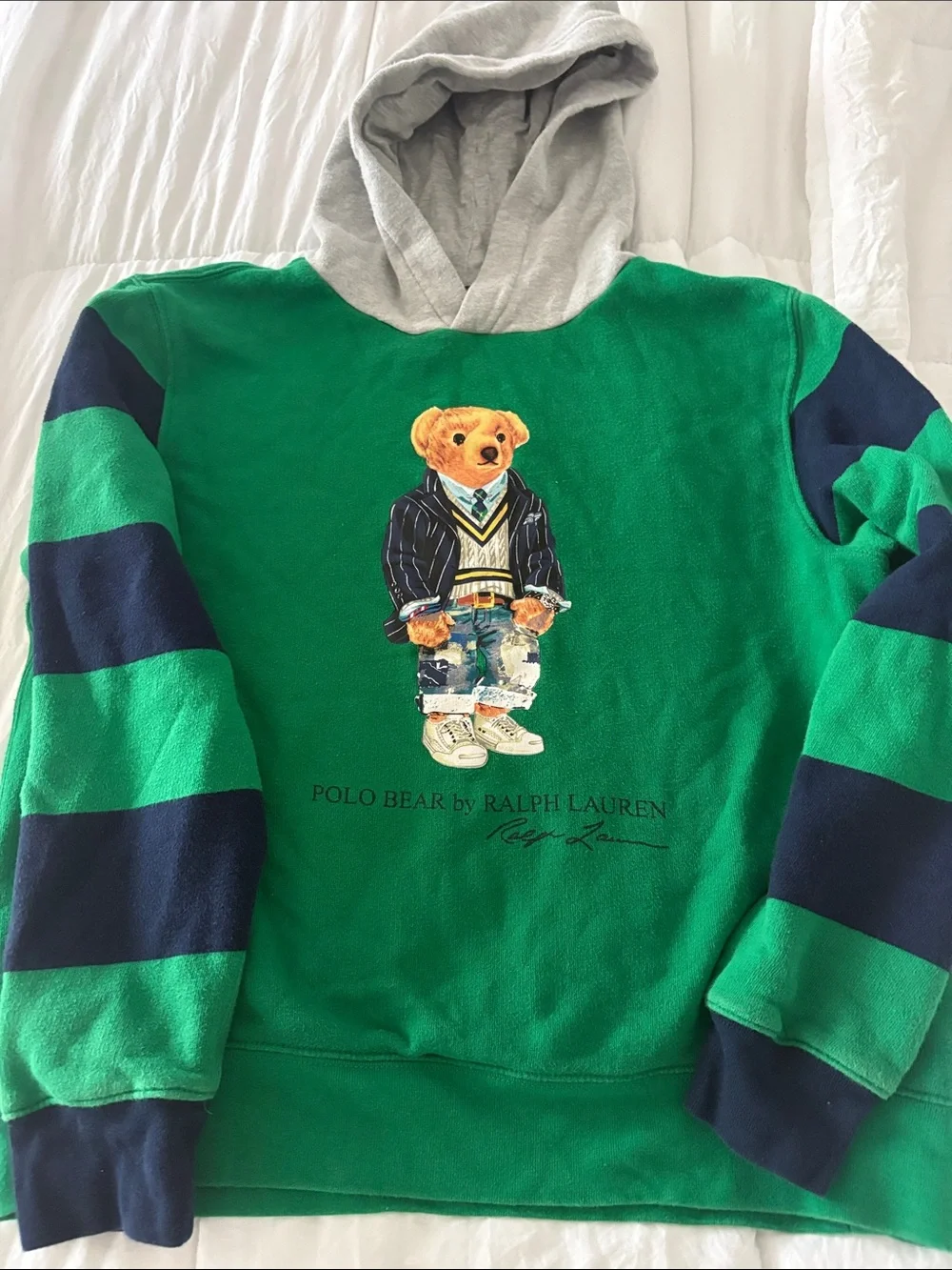 Ralph Lauren Green Hoodie with Navy Stripes and Polo Bear